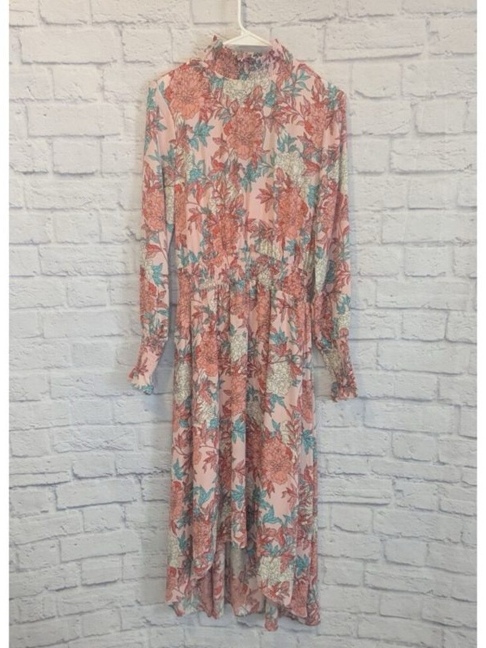 Pink Floral Long-Sleeve Midi Dress with Smocked Waist